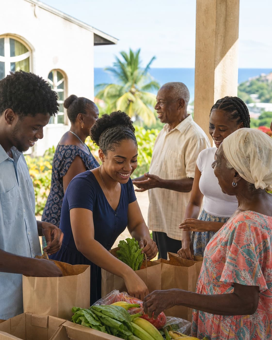 Illustrative scene of a Jamaican church community serving neighbours together