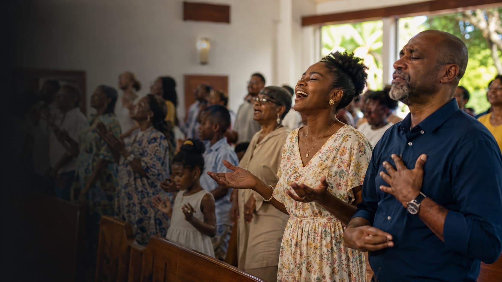 Illustrative scene of a multigenerational Jamaican church community worshipping together